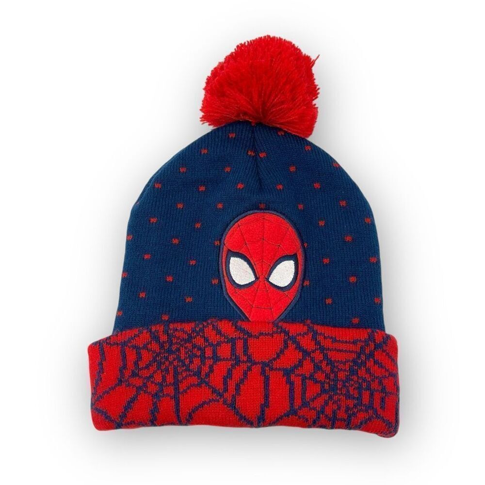 Marvel Spiderman Knit Hat Spidey Pom Stocking Beanie Cap Youth Kids Size OSFM